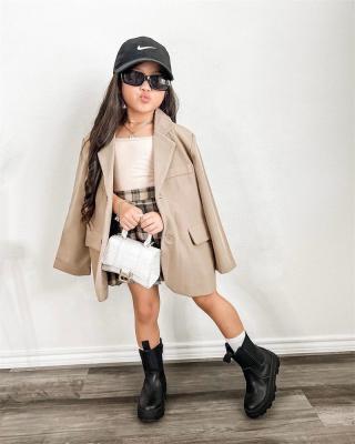 China Anti-wrinkle Ms-10 Girls Long Coat Design Khaki Buttons Pockets Wholesale Girl Children Suits Jacket for Baby Girl for sale