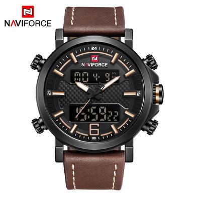 China Mens Analog Date NAVIFORCE 9135 Sport LED Digital&Quartz Automatic Wristwatches Double Dual Display Style Leather Watches For Male for sale