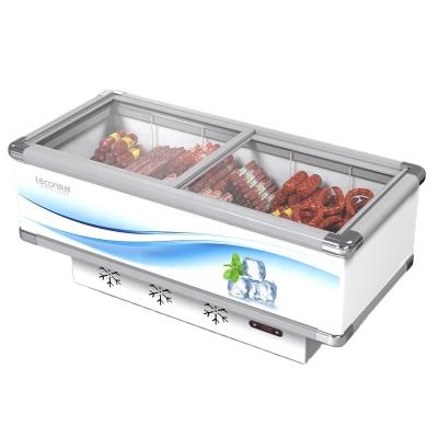 China Large Capacity Supermarket Glass Display Island Static Cooling Door Chest Deep Freezers for sale