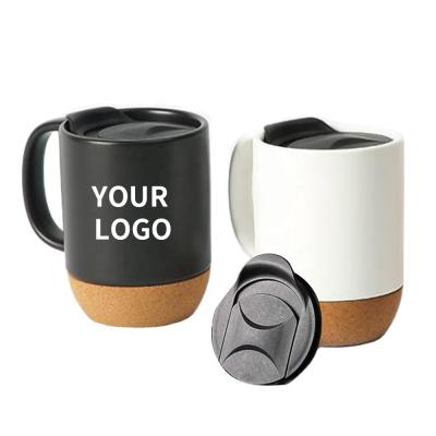 China Durable Ceramic Mug Black Fashion Matte With Cork Base Black Ceramic Coffee Mug With Slide Lid for sale