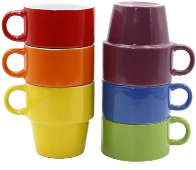 China Viable Sets of 6 Pieces Ceramic Colored Stoneware 9 Ounce Stackable Coffee Mug with Metal Holder for sale