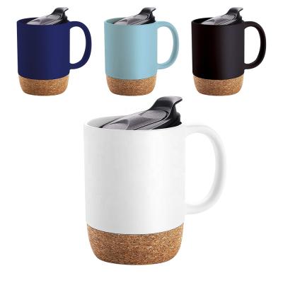 China Wholesale Cork Base 13oz Ceramic Viable High Quality Porcelain Wood Base Mugs With Lids And Handle for sale