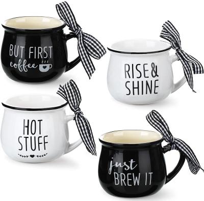 China Sustainable Wholesale Custom Design Ribbon Silk Belly Shape Ceramic Coffee Mug Sets for sale