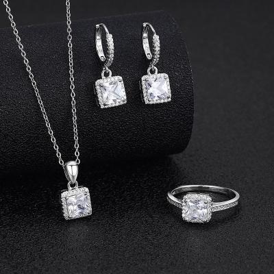 China Other 925 sterling silver necklace earrings jewelry set for bride square diamond zirconia women's wedding fashion jewelry set for sale