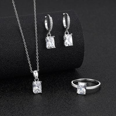 China Other Fashionable and luxurious S925 sterling silver ring earring necklacewomen's rectangular temperament set high-end zirconia inlay for sale