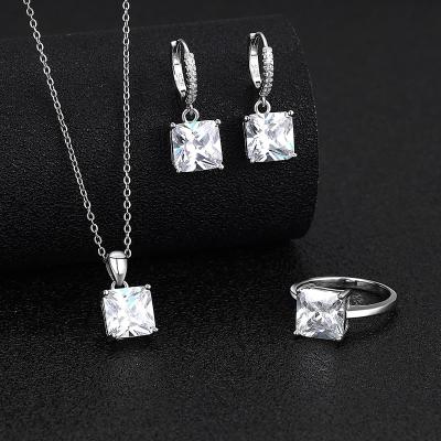 China Other sterling silver pendant square cut micro inlaid zirconium set, fashionable and elegant necklace, earring ring, three piece set for sale