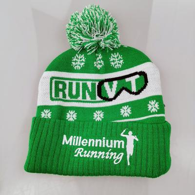 China Custom Jacquard Beanie Hat Beanies Logo Winter Beanie With Pom Pom Ball High Quality Winter Stripe Green Embroidery Logo for sale