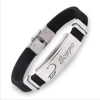 China Wholesales Fashion Black Silicon Zodiac Sign Bracelet With Buckle Qr Code Silicone Bracelet For Men for sale