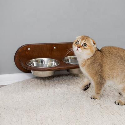 China Wall Viable Designer Pet Feeder Cat Furniture Wooden Dog Bowl Holder 2 Bowls Cat Food Bowl for sale