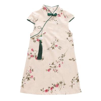 China 2022 Latest Anti-wrinkle Flower Printed Cotton Sleeveless Dress For Girls Chinese Style Girls Cheongsam for sale