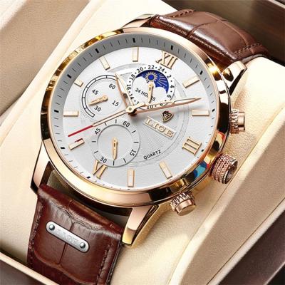 China 2021 LIGE Auto Date Watches Top Brand Luxury Mens Clock Casual Leather 24 Hours Moon Phase Men Watch Waterproof Sport Quartz Chronograph for sale