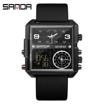 China Top brand alarm SANDA 6023 men's sports watches fashion LED time zone 3 time zone waterproof male masculino relogio military clock quartz watch for sale