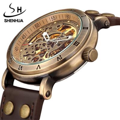 China SHENHUA 9584 Brand Luxury Men's Automatic Skeleton Mechanical Watches For Retro Steampunk Bronze Leather Lady Wristwatches Gifts for sale