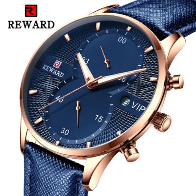 China REWARD RD83003M Top Brand Quart Chronograph Watch Male REWARD VIP Chronos Wristwatch Clock Genuine Leather Strap Blue Dial Men's Wrist Watch for sale