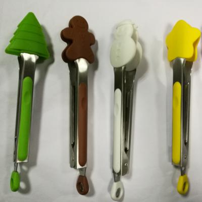 China Viable Xmas Design Silicone Food Tongs Gift Set Silicone Stainless Steel Food Server Clips Silicone Kitchen Tongs for sale