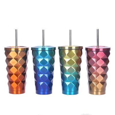 China PORTABLE Diamond Shaped Straw Cup Stainless Steel Gradient Double-Layer Adult Vacuum Cup With Same Style Customization for sale