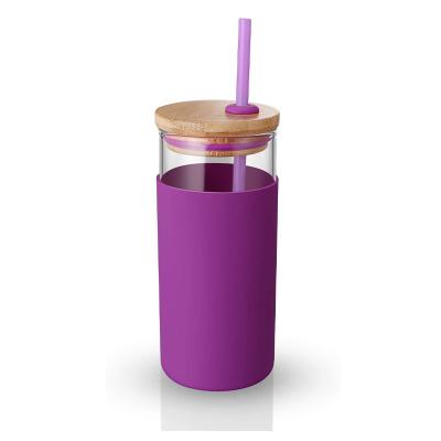 China Bpa Free Stocked Wholesale Bamboo Glass Tumbler With Straw And Silicon Sleeve Lid 20oz for sale