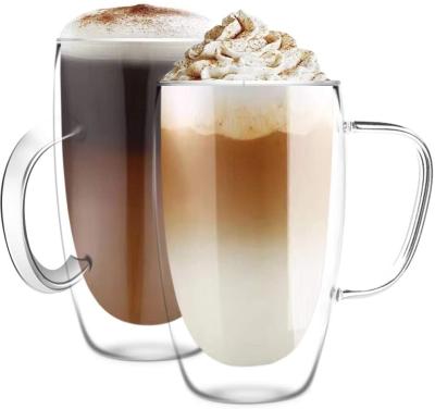 China 15oz Double Stocked Wall Insulated Glass With Glass Handle , Coffee Or Tea Mugs , Thermo Insulated Glass for sale