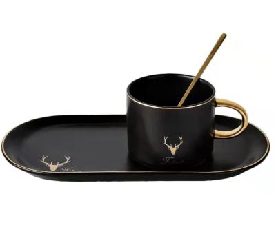 China Luxury Hot Selling Simple Morden Matte Glaze Gilt Edged Mark Mug Coffee Mug Ceramic Dish Set With Snack Tray for sale