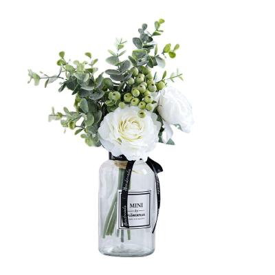 China Hot Selling Art Decor Artificial Flower Glass Jar For Wedding And Flower Home Bush Artificial Silk Flower Wholesale Bouquet for sale