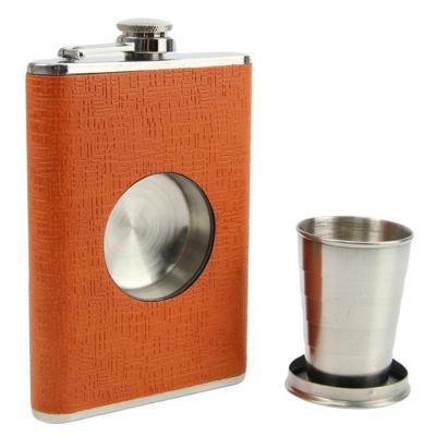 China 2019 Eco-Friendly Best Selling Products in USA Amazon Brown Leather Hip Flask with Cup, Pulled Flask with Built-in Collapsible 2 Ounces for sale