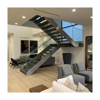 China Modern Marble Stairs Modern Wood Steps Indoors Design Steel Open Tread Stair Railing Glass Enclosure Straight Staircase for sale