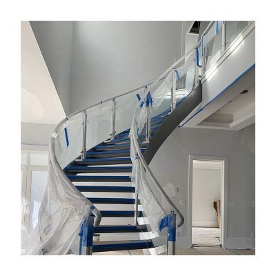 China Modern High Quality Escalera Balustrade Tempered Glass Balustrade Both Sides Sing Flat Stringer Wood Step Curved Staircase for sale