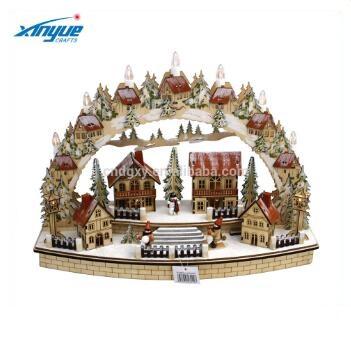 China Traditional wooden Christamas home decoration crafts village scene with lights for Christmas decoration for sale