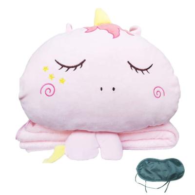 China Plush 4 in 1 Cute Plush Unicorn Cushion Kids Stuffed Cartoon Animal Toys Unicorn Throw Pillow Blanket Set soft with hand warmer design for sale