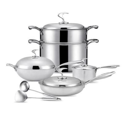 China Sustainable Hot Selling Non Stick Luxury Stainless Steel Triple Pots And Pans 11 Pcs Cookware Sets for sale