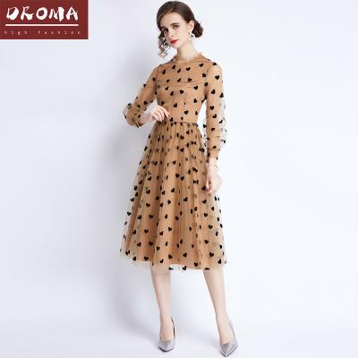 China New Design Droma Anti-wrinkle Printing Mesh Dress Long Sleeve Popular Stand Collar Street Wear Casual Outfits for sale