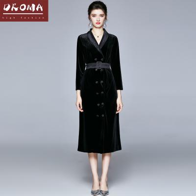 China Anti-wrinkle Droma 2021 Autumn Winter Long Sleeve Women Midi Dresses New Women's Black Color Velvet Dresses Custom Made for sale