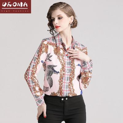 China Anti-pilling Droma 2021 fashion printing wholesale price women wears shirts ladies long sleeve blouse tops for sale