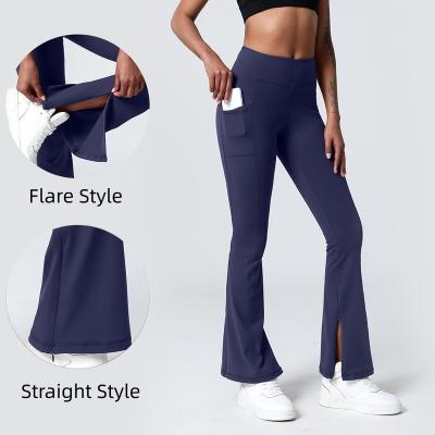 China Breathable Wholesale Women Naked Feeling Hip Lifting Yoga Flared Workout Leggings With Hidden Pocket Waist High Waist Fitness Pants for sale