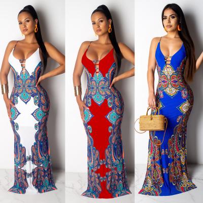 China Hot Selling Anti-Static Long Maxi Dresses Women Casual Backless Beach Bohemian Vintage Printing Tribal Slip for sale