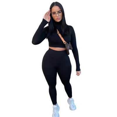 China Anti-wrinkle fashion tracksuit women turtleneck full sleevel crop top+leggings stretchy sports fitness matching outfits full for sale