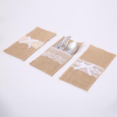 China Christamas Knife& Fork Holder Cover Decoration Plant Burlap Lace Utensil Holders Silverware Cutlery Pocket Knives Forks Bag For Natural Vintage Wedding Table Decor for sale