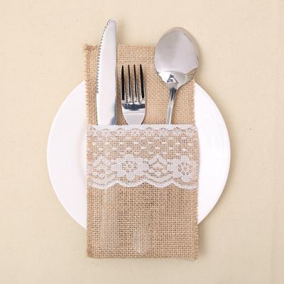 China Christamas Knife& Fork Holder Cover Decoration Burlap Lace Cutlery Pocket Jute Cutlery Holder for Wedding Christmas Restaurant Tableware Knife Fork Holder Bag for sale