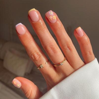 China 2023 New Flower Color Flower Nail French Fake Nail Support OEM/ODM Wholesale French Multi Square Fake Short False Nail for sale