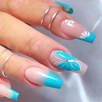 China 2023 New ABS Reusable Lake Blue Butterfly Long Type Coffin Fake Nail Popular Artificial Fake Nail for sale