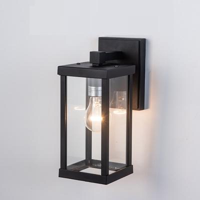 China Contemporary Rectangular Outdoor Glass Wall Light Black Metal Garden Wall Lamp for sale