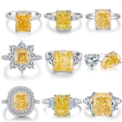 China FASHIONABLE S925 Sterling Silver Yellow Diamond Ring party women's ice flower cut Redienche 8A zircon luxury wedding rings for women for sale