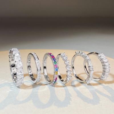 China Simple Wedding Sterling Silver Ring Women Eternity Band Engagement Ring Rainbow Colorful Diamond Full Band TRENDY INS Style for sale