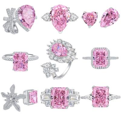 China Fashion Jewelry TRENDY Ring Women 5a Ice Flower Wedding Engagement Cut Ring Pink High Carbon Diamond Open 925 Sterling Silver Ring for sale