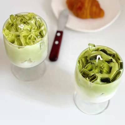 China Birthdays Green Tea Latte Glass Cup Candle Soy Wax Fragrance Candle For Photo Home Decor for sale