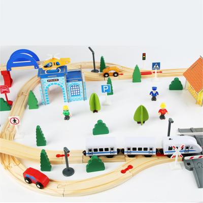 China Wooden Slot Toy 96 Pcs Train Track Toy Sets For Toy Children Preschool Montessori Railway Wooden Slot Puzzle Car Educational Rail for sale