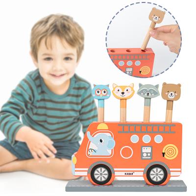 China Puzzle Toys Shape Spring Ejection Wooden Animal Toy New For Children Woody Bus Press Funny And Automatic Play Toy Children Finger Exercise Toy for sale