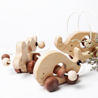 China Children Play Multifunctional Educational Round Bead Toys Baby Teething Original Beech Wood Coaster Walk Along Animal Pull Toy For Kids for sale