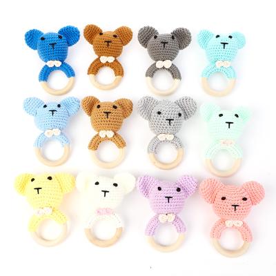 China Soft Teether Baby Teether Toy With Ring Bell Rattle Shape Baby Toy High Quality Handmade Wooden Ring Weave Animal Little Bear for sale