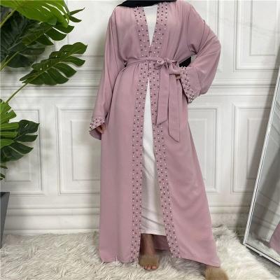 China Fashion Turkey Middle East Arab Wrinkle Ice Lace Elegant Beaded Muslim Cardigan Maxi Dress for sale